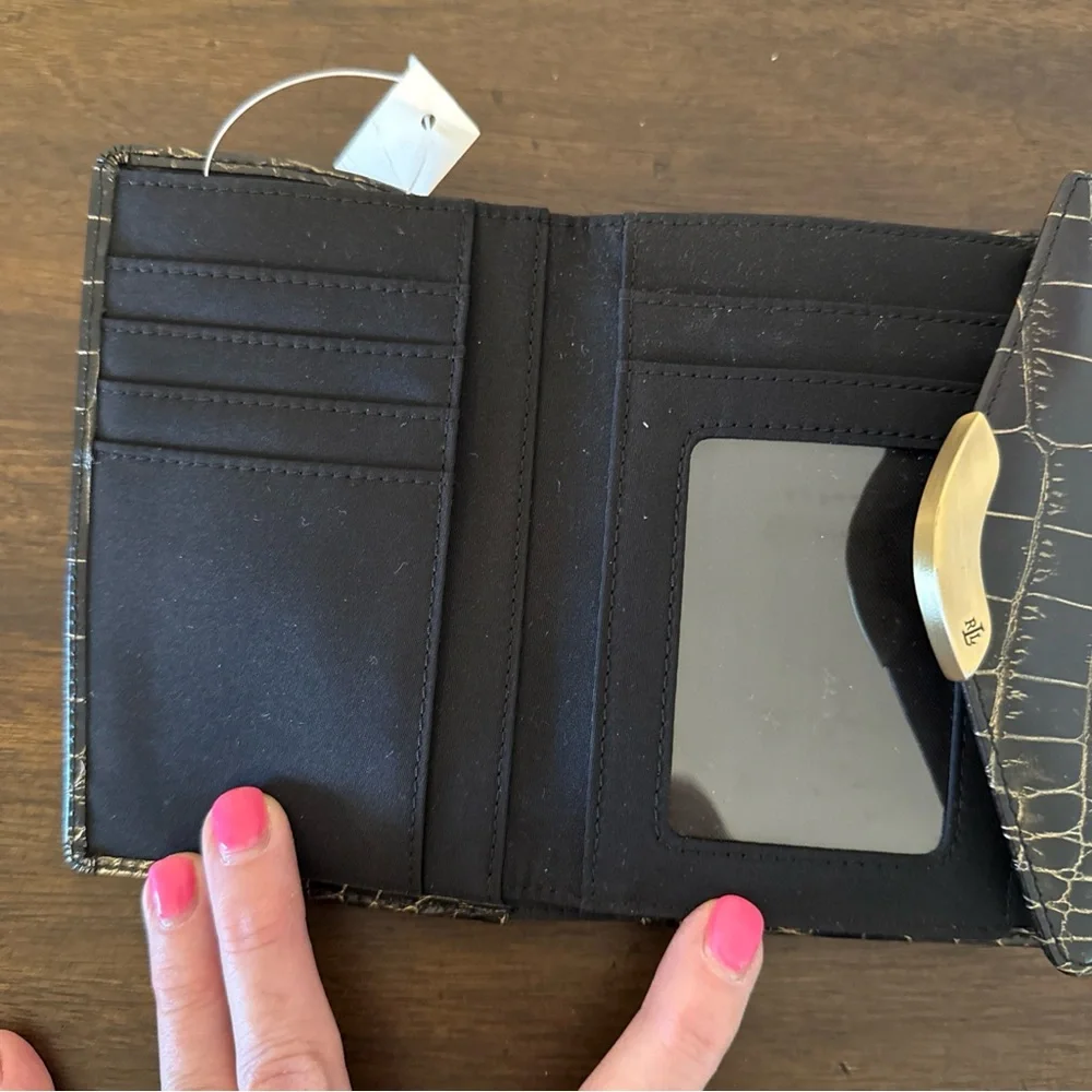 NWT Vintage Lauren Ralph Lauren Croc Embossed Wallet W Golden Hardware Black - Picture 5 of 8
